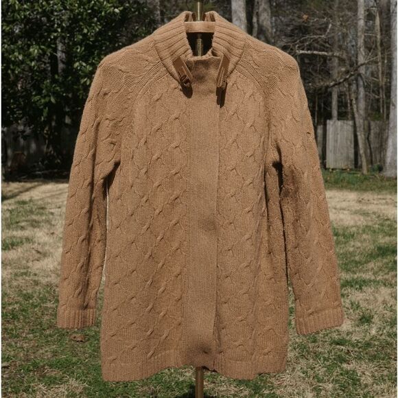 Talbots Camel Cable Knit Equestrian Cardigan Sweater - Picture 2 of 6